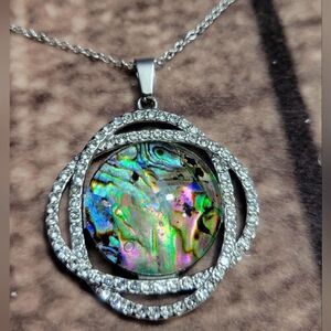 Abalone Shell and White Austrian Crystal Curvy Round Pendant Necklace